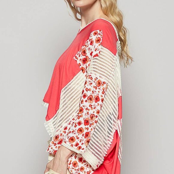 26. POL Peach Floral Patchwork V- Neck Oversized Top - Picture 2 of 3